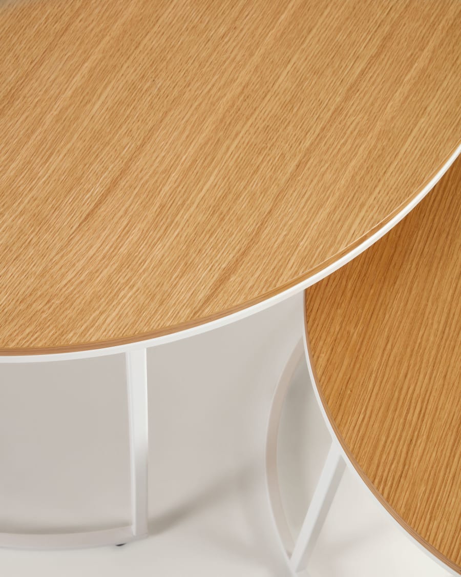 Yoana set of 2 nesting side tables, with oak wood veneer & white metal, Ø 80 cm / Ø 50 cm