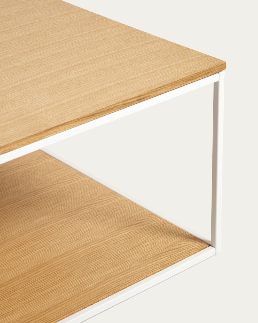 Yoana coffee table with oak veneer table top and base, white metal structure, 80 x 80 cm