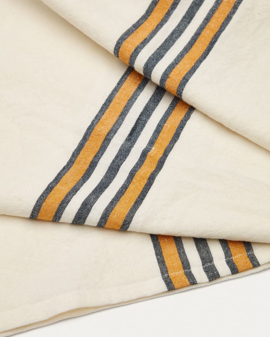 Vallcanera tablecloth in cotton and linen with mustard and blue stripes, 150 x 250 cm