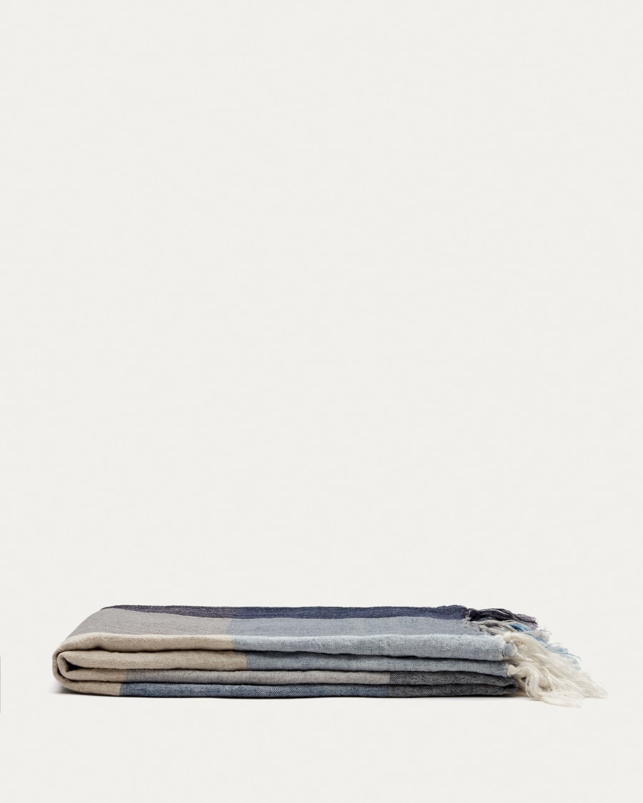 Calonge blanket, 100% linen with blue checkers, 130 x 170 cm