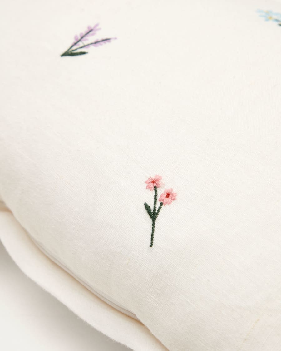Sadurni 100% linen cushion cover in white, with floral embroidery, 30 x 50 cm