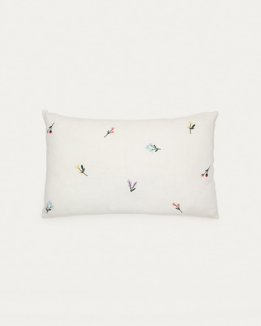 Sadurni 100% linen cushion cover in white, with floral embroidery, 30 x 50 cm