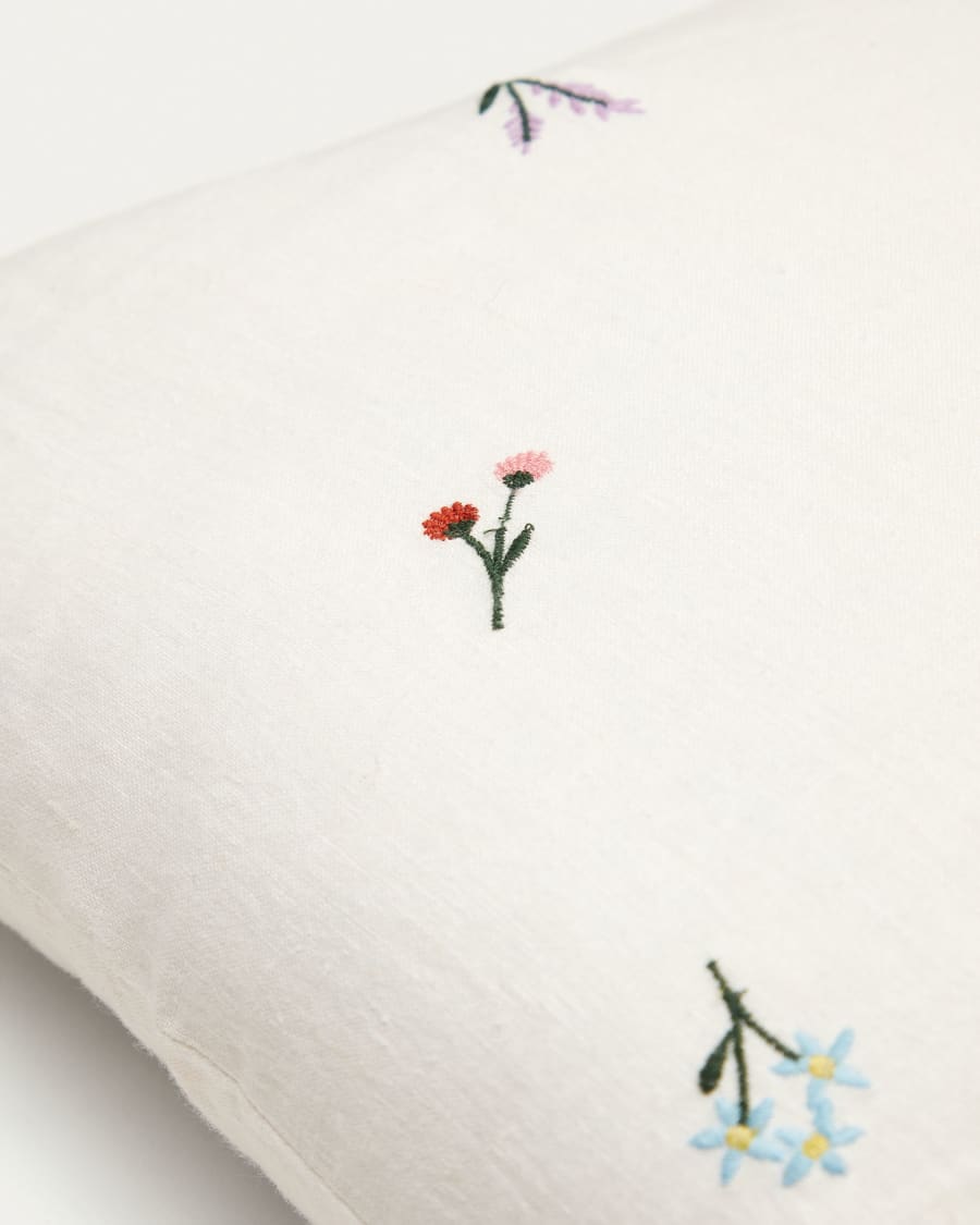 Sadurni 100% linen cushion cover in white, with floral embroidery, 45 x 45 cm