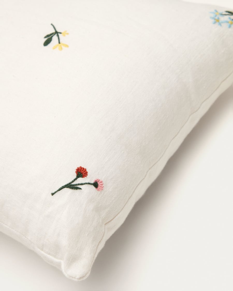Sadurni 100% linen cushion cover in white, with floral embroidery, 30 x 50 cm