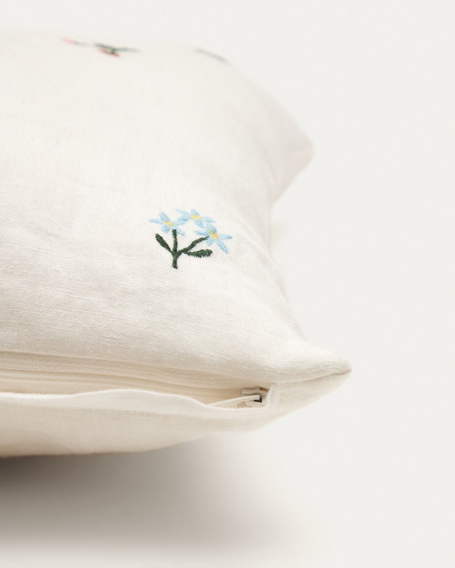 Sadurni 100% linen cushion cover in white, with floral embroidery, 45 x 45 cm