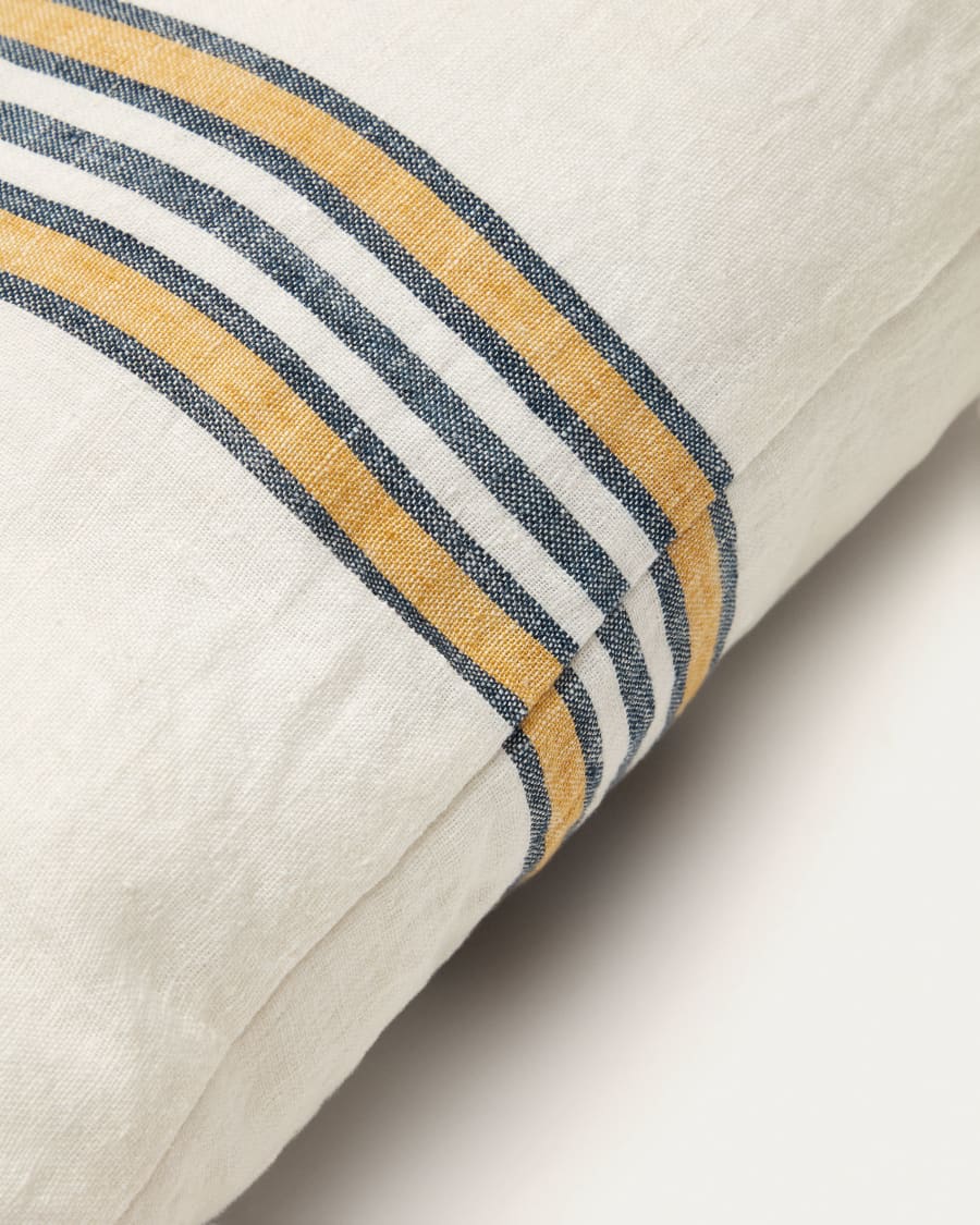 Vallcanera cushion cover, beige linen and cotton with mustard and blue stripes, 45 x 45 cm