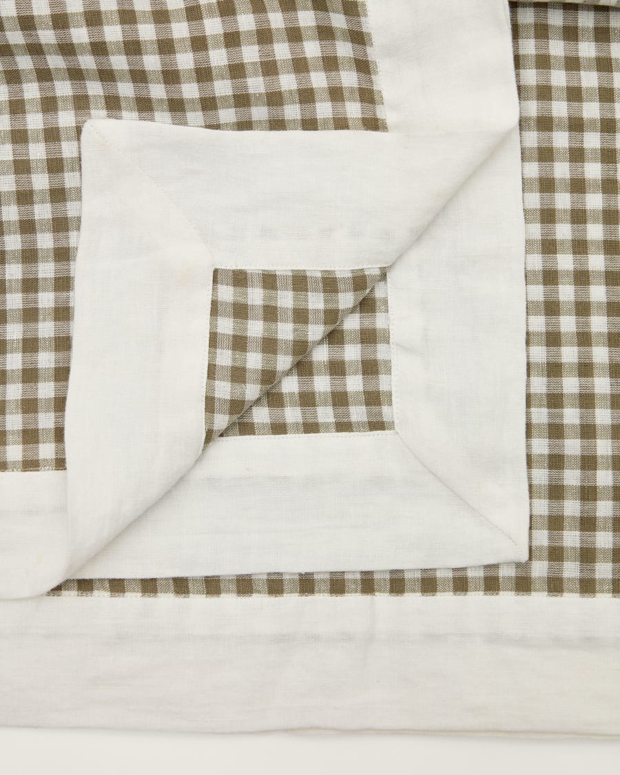Madremanya table cloth, 100% linen with green checkers and white edge, 170 x 250 cm