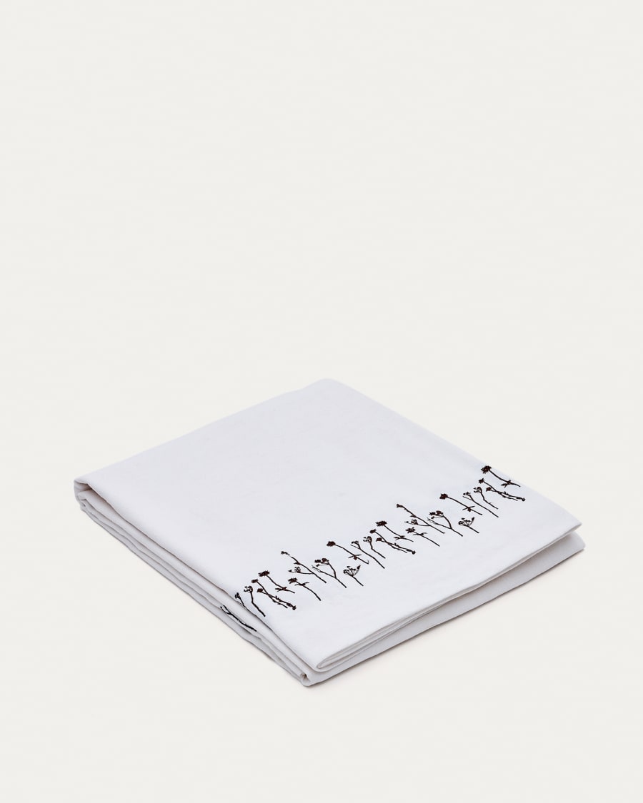 Nappe Mada en lin et coton blanc avec broderie de fleurs brune 150 x 250 cm