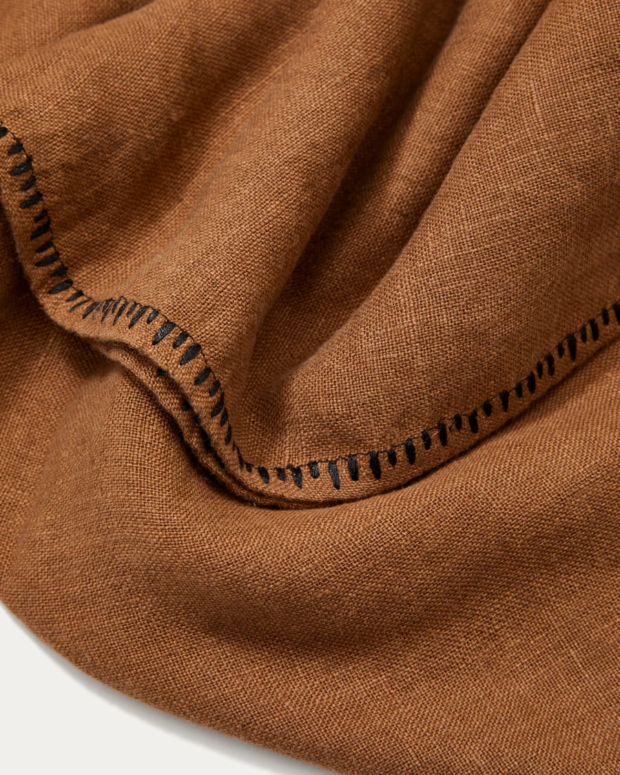 Llosar brown embroidered round tablecloth 100% linen Ø 150 cm