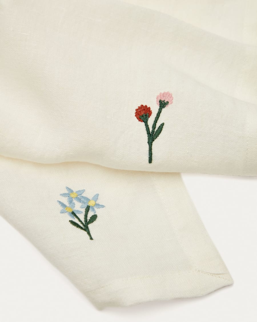 Sadurni 100% white linen with and blue embroidered flowers, 170 x 250 cm