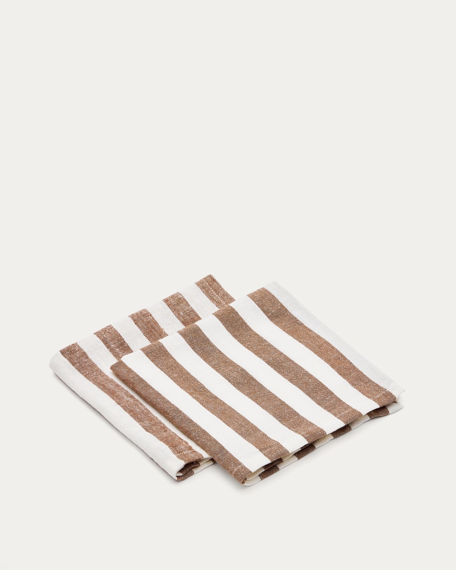 Set Maura di 2 tovaglioli in cotone e lino a righe bianche e marroni