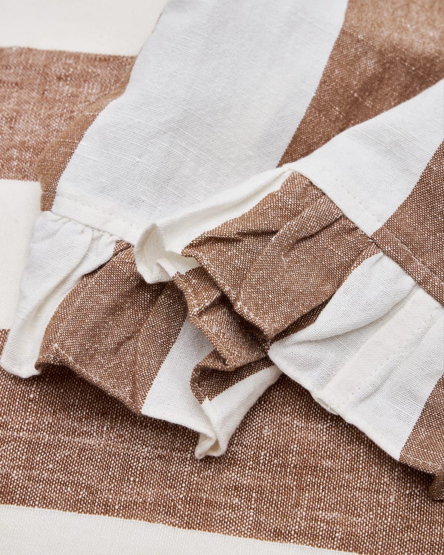 Maura Tischläufer Baumwolle und Leinen gestreift weiß und braun mit seitlichen Rüschen 50 x 150 cm