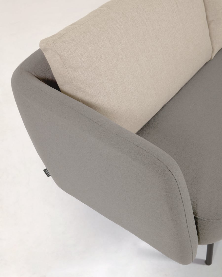 Walkyria 3 seater sofa in grey with beige cushions and black finish metal legs, 195 cm