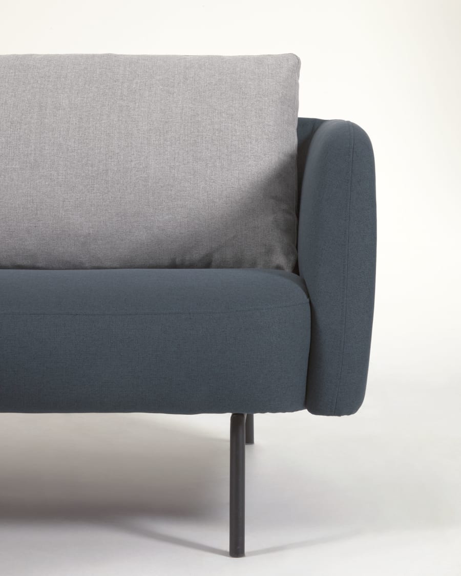 Walkyria 3 seater sofa in blue with grey cushions and black finish metal legs, 195 cm