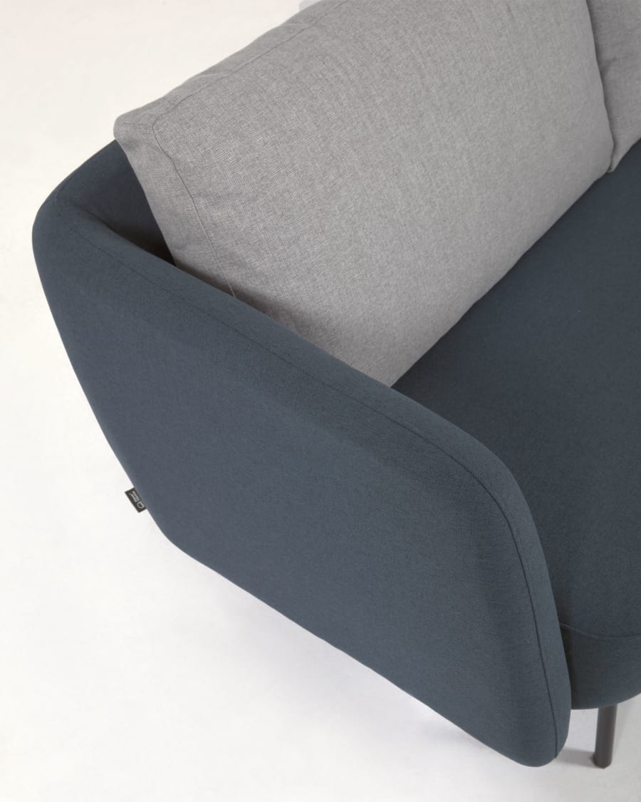 Walkyria 3 seater sofa in blue with grey cushions and black finish metal legs, 195 cm