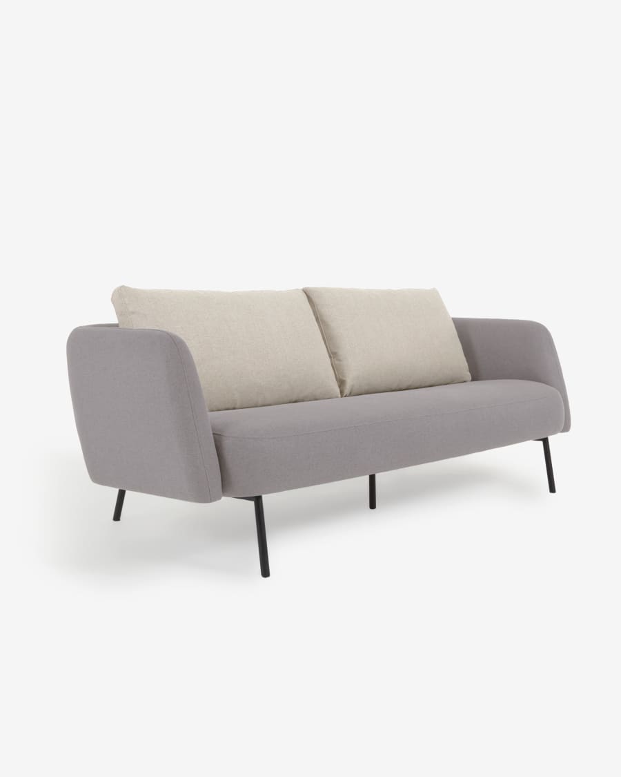 Walkyria 3 seater sofa in grey with beige cushions and black finish metal legs, 195 cm