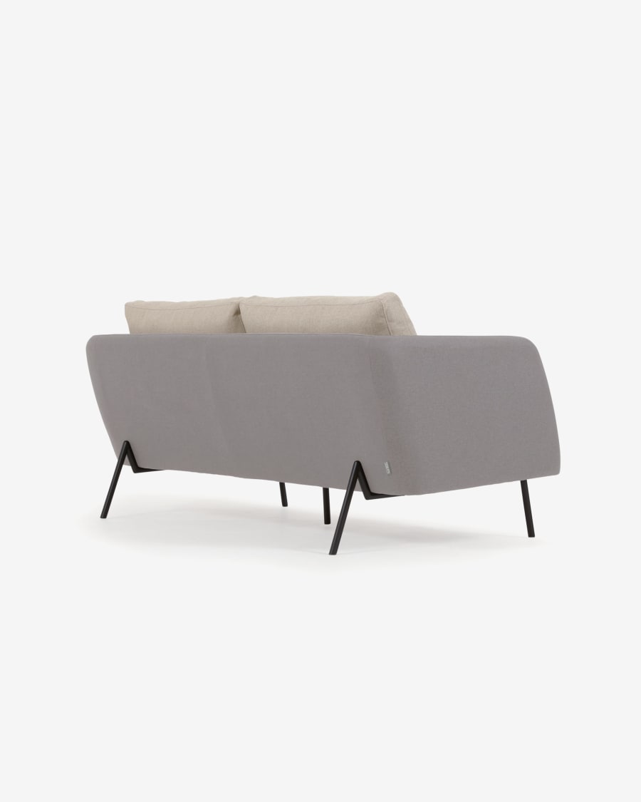Walkyria 3 seater sofa in grey with beige cushions and black finish metal legs, 195 cm