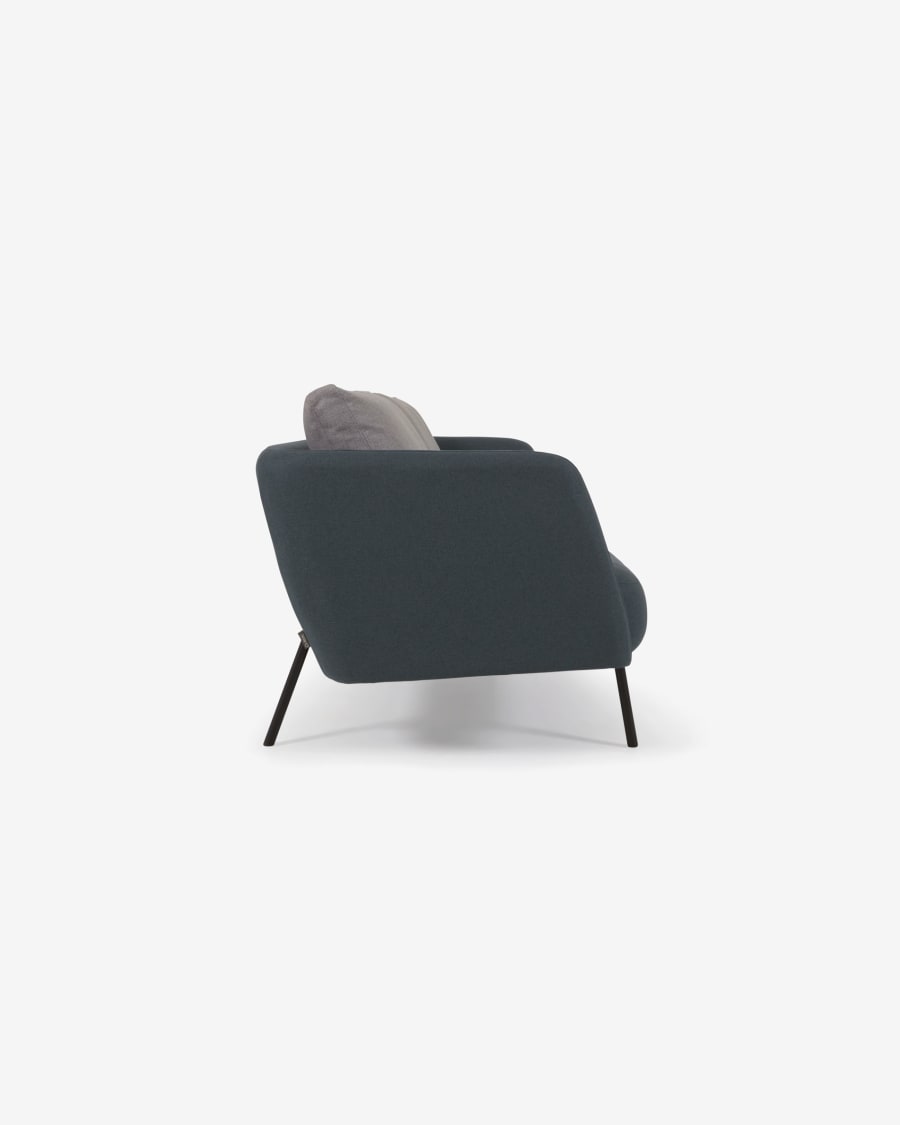 Walkyria 3 seater sofa in blue with grey cushions and black finish metal legs, 195 cm