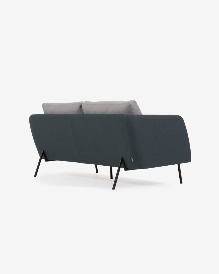 Walkyria 3 seater sofa in blue with grey cushions and black finish metal legs, 195 cm