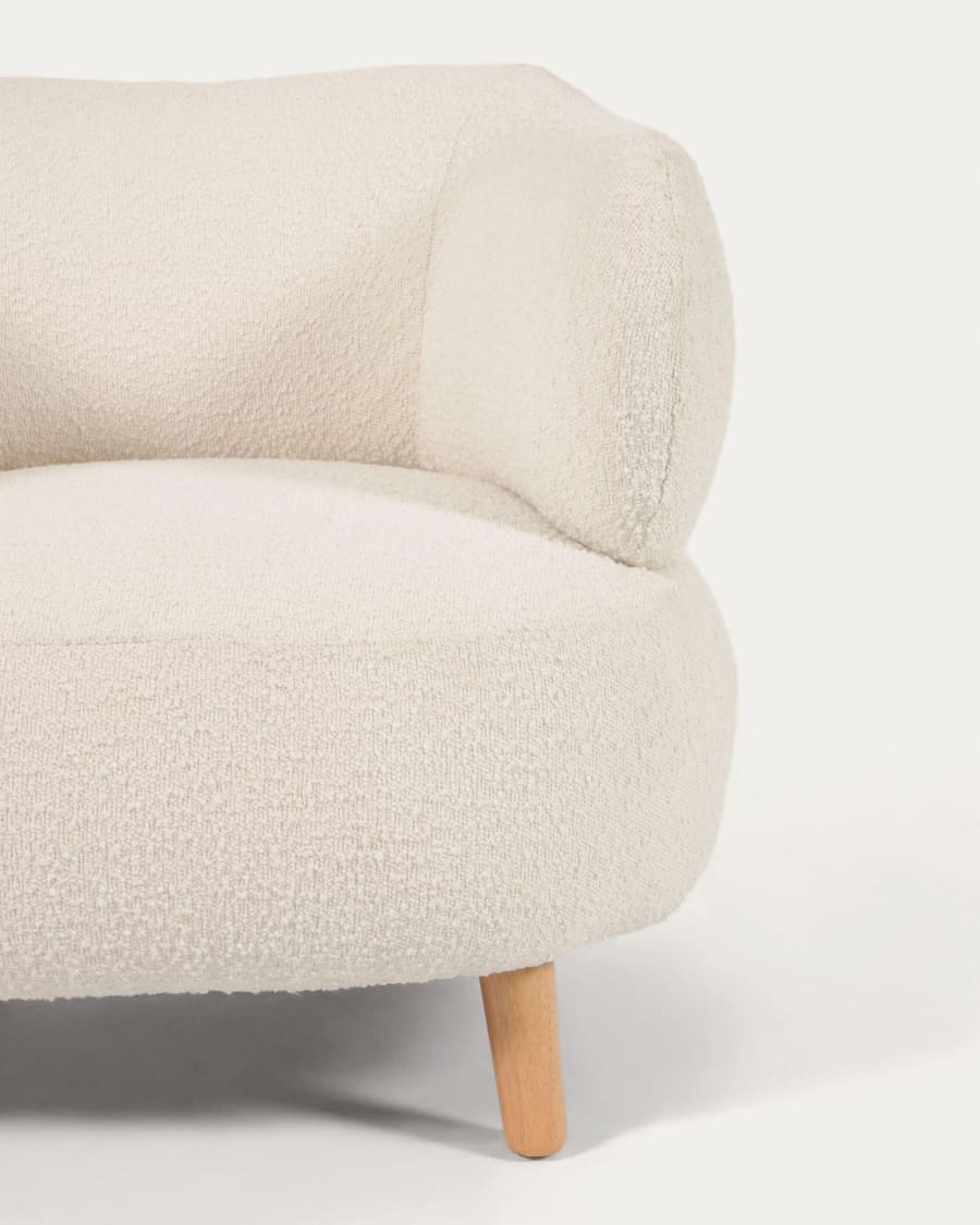Luisa white bouclé armchair with solid rubber wood legs.