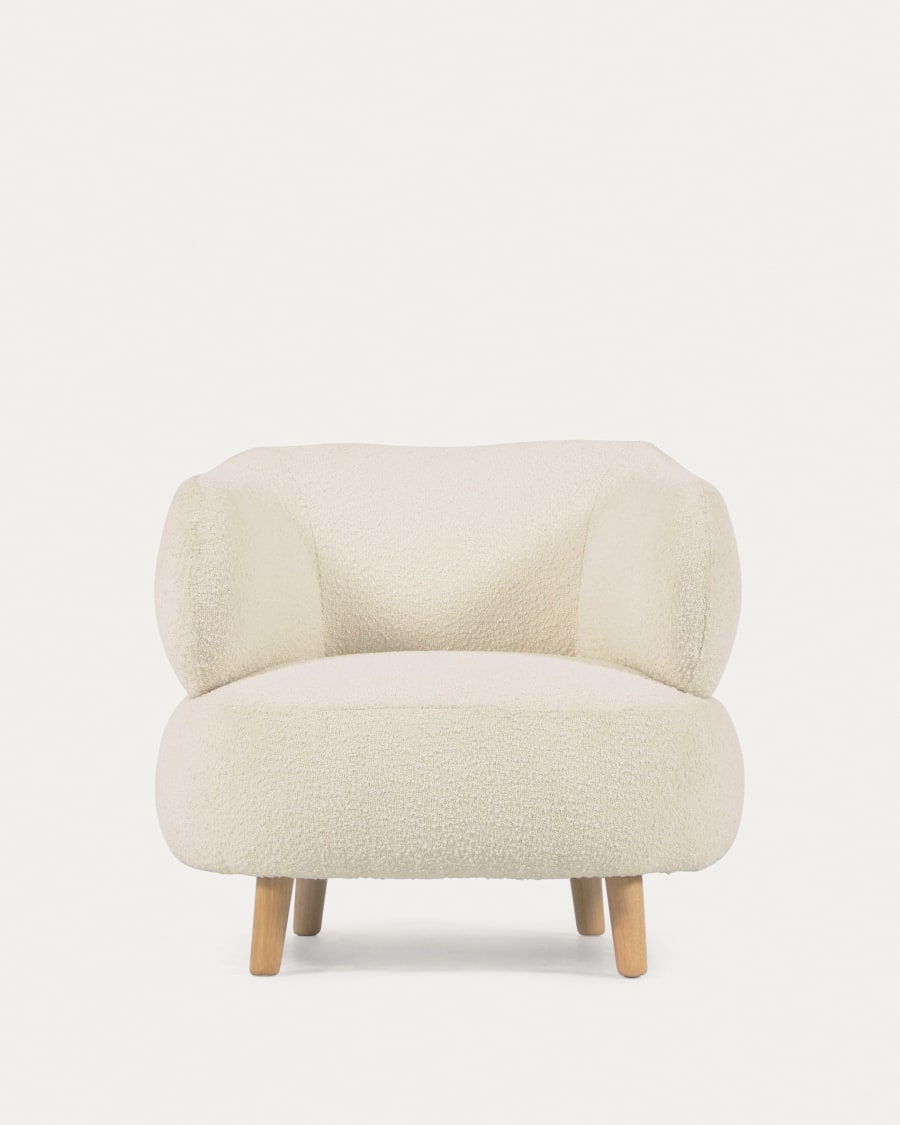 Luisa white bouclé armchair with solid rubber wood legs.