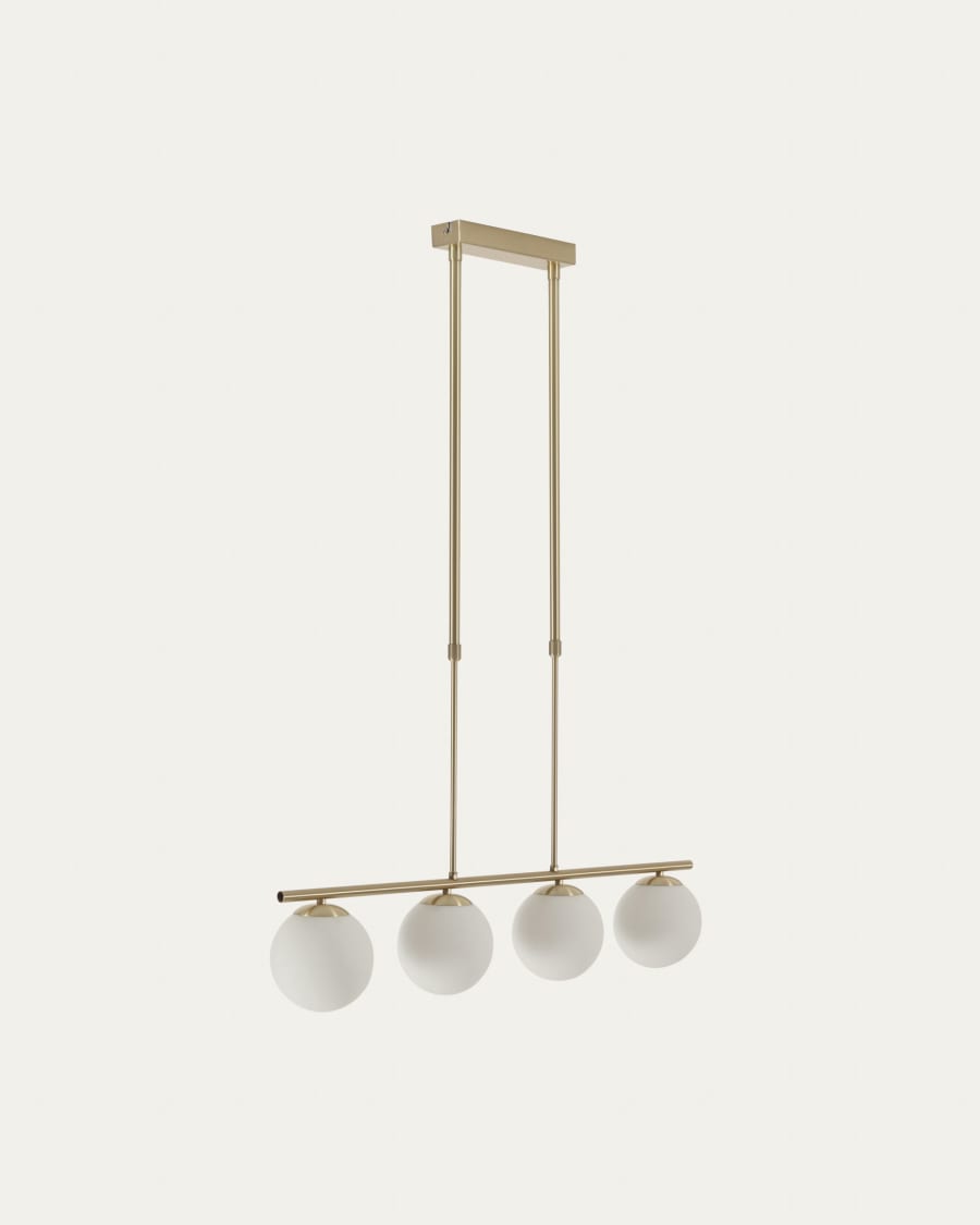 Mahala steel ceiling light with brass finish and four frosted glass spheres