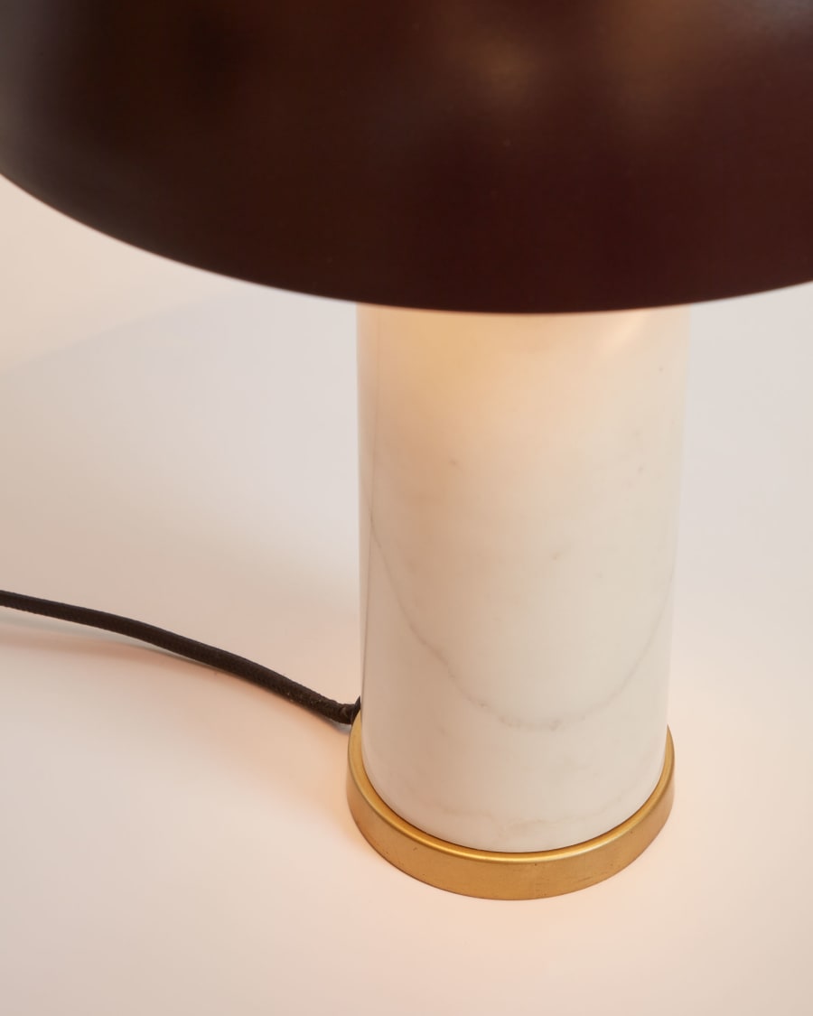 Zorione table lamp in white marble and metal, with a painted brown finish. With UK adaptor
