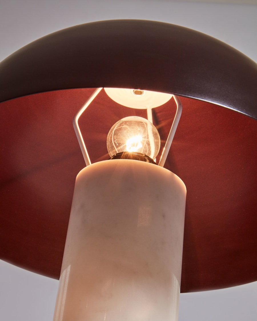 Zorione table lamp in white marble and metal, with a painted brown finish. With UK adaptor