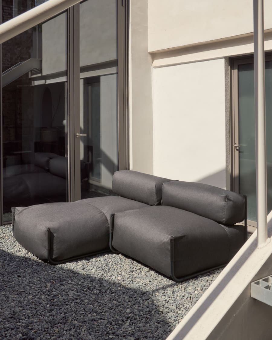 Square modular 100% outdoor sofa pouffe w/ backrest, dark grey, black aluminium, 101x101cm