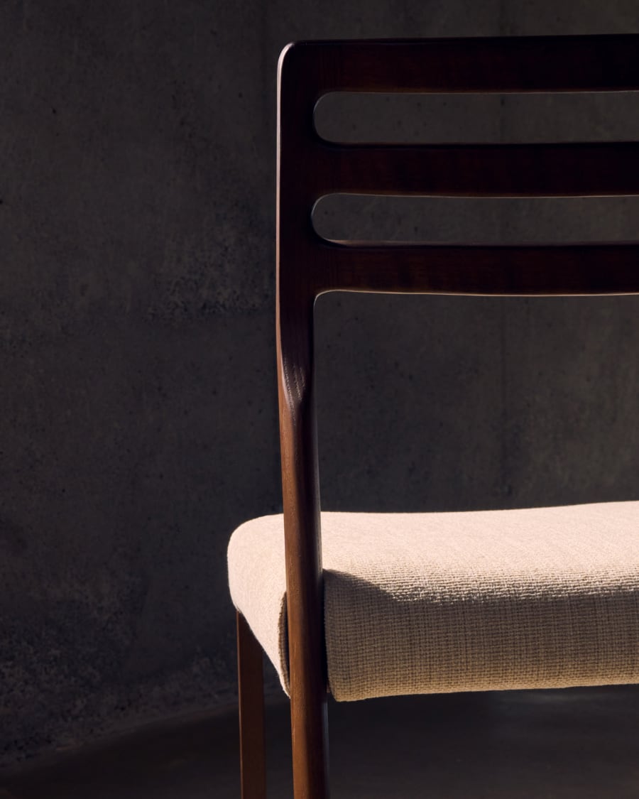 Cudia chair removable cover in beige chenille solid oak wood walnut finish FSC Mix Credit