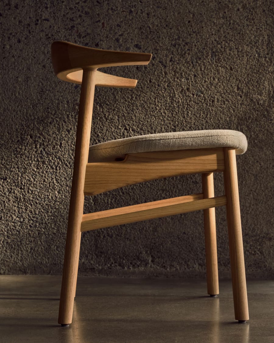 Timons chair removable cover in beige chenille solid oak wood natural finish FSC Mix Credit