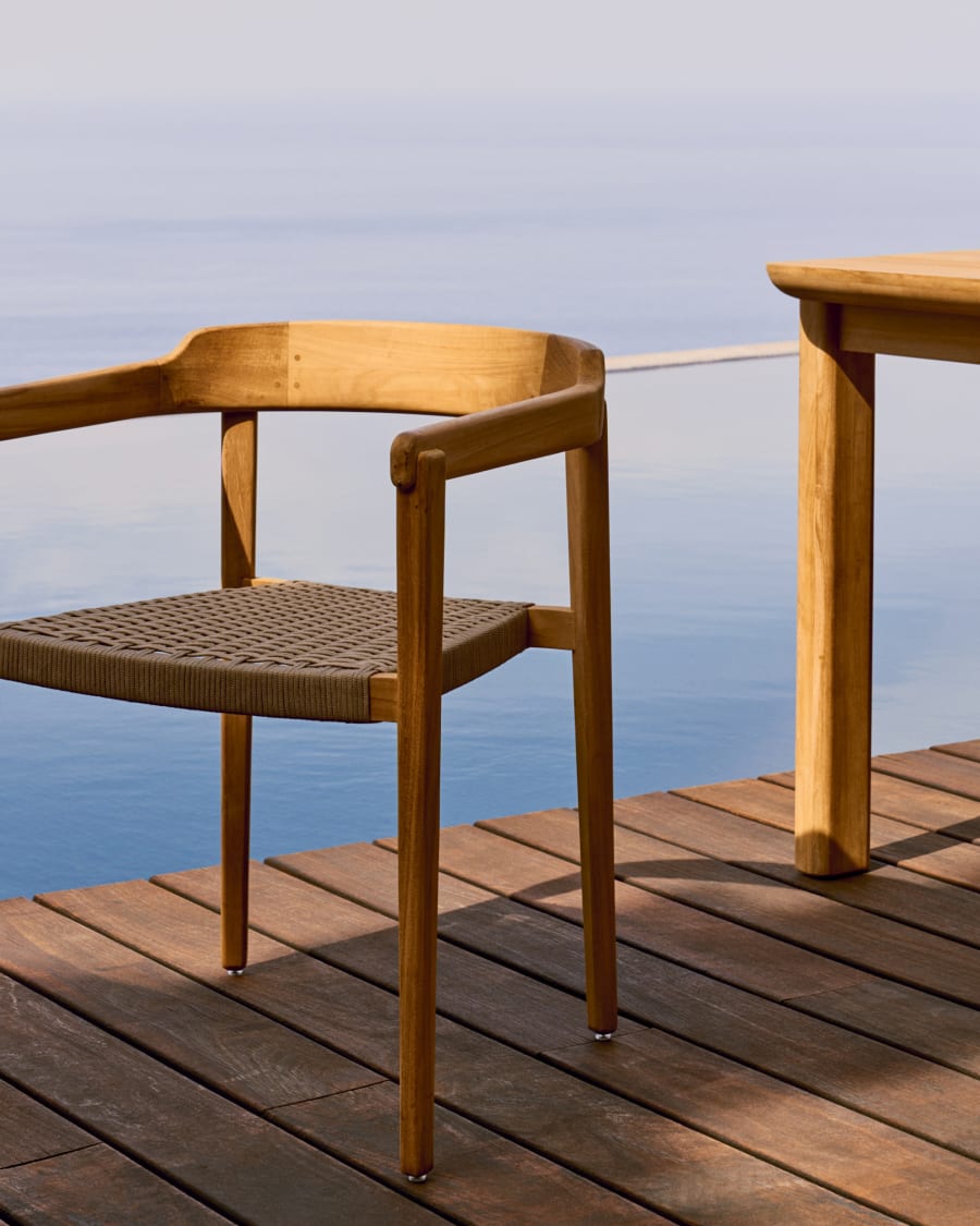 Icaro stackable chair solid teak wood with natural finish and beige rope cord, FSC 100%