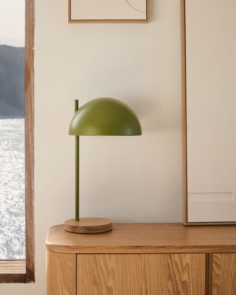 Catlar ash wood and metal table lamp in a green painted finish Australia adaptor