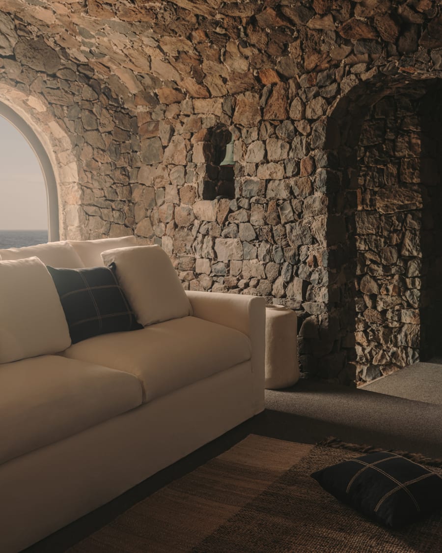 Nora 4-seater sofa with a removeable cover and taupe linen and cotton cushions 340 cm