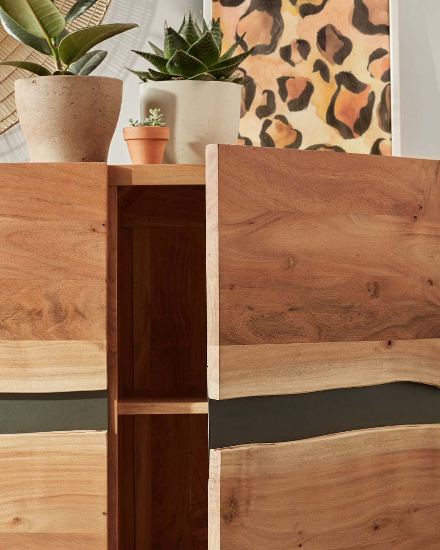 Uxia solid acacia wood sideboard with 3 doors and black finish steel, 148 x 85 cm