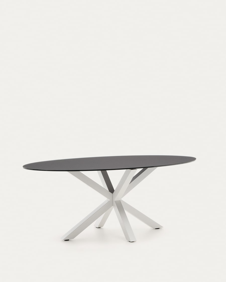 Argo oval table in matt black glass and steel legs with white finish Ø 200 x 100 cm