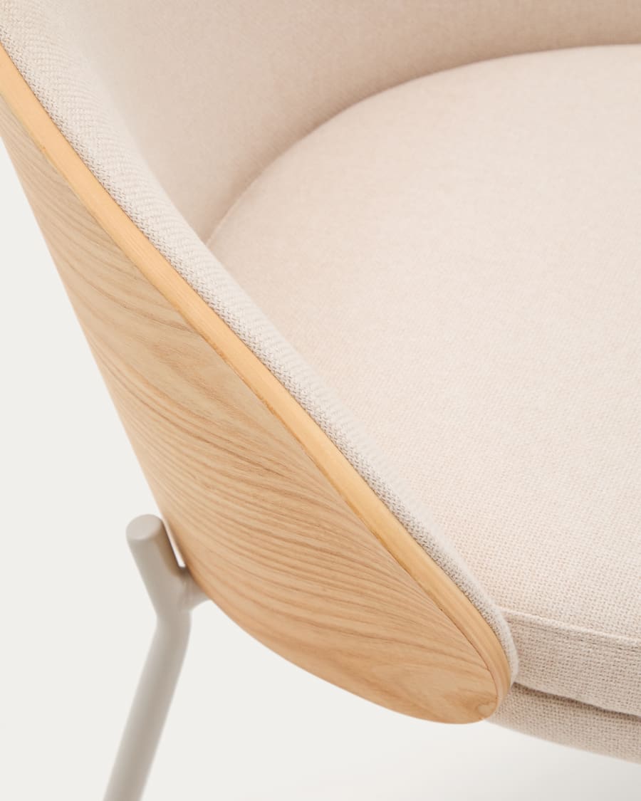 Stuhl Eamy aus beigefarbenem Chenille, Eschenfurnier mit natürlichem Finish und beigefarbenem Metall