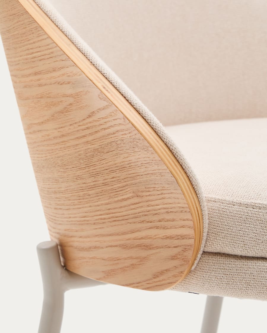 Eamy stool in beige chenille, in a natural finish ash veneer and beige metal and a height of 77 cm