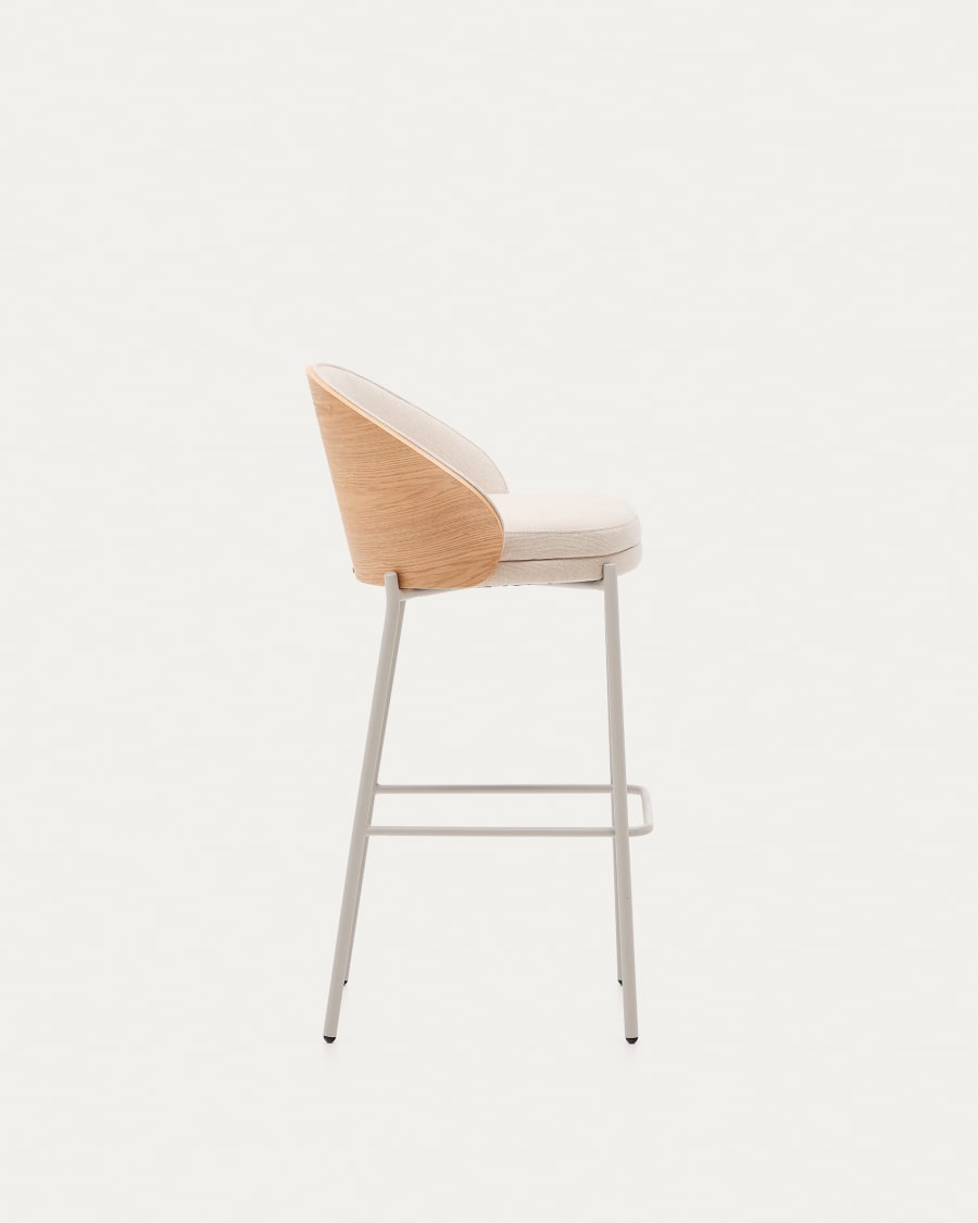 Eamy stool in beige chenille, in a natural finish ash veneer and beige metal and a height of 77 cm