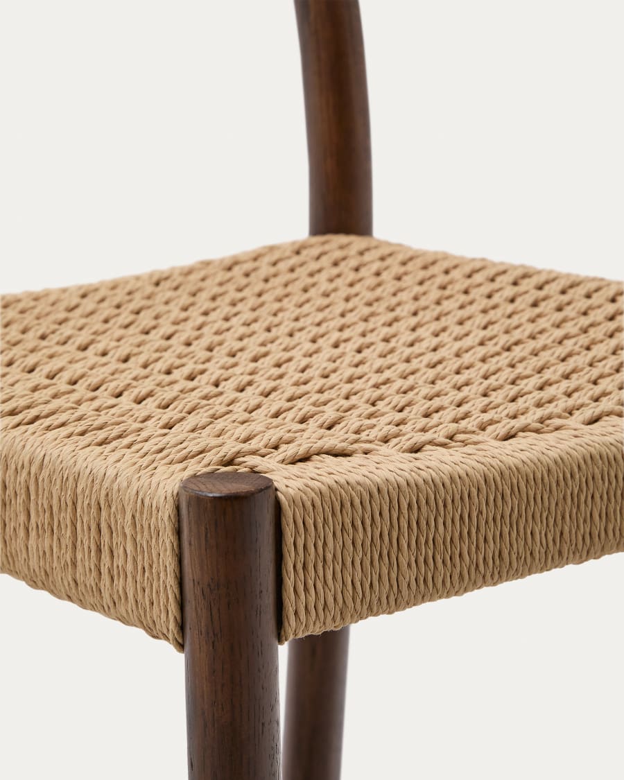 Yalia stool with a backrest in solid oak wood in a walnut finish, and rope cord seat, 65 cm FSC 100%