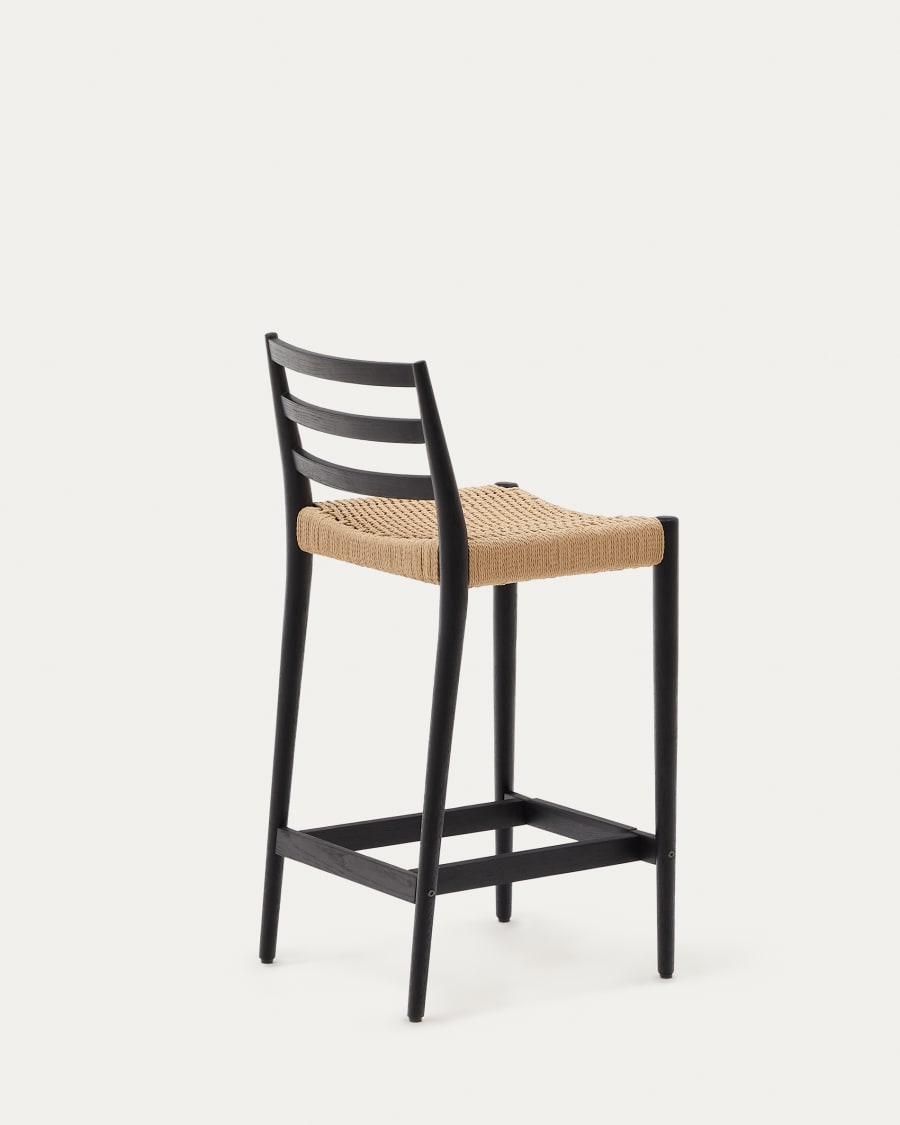 Analy stool with a backrest in solid oak wood in a black finish and rope cord seat, 70 cm, FSC 100%