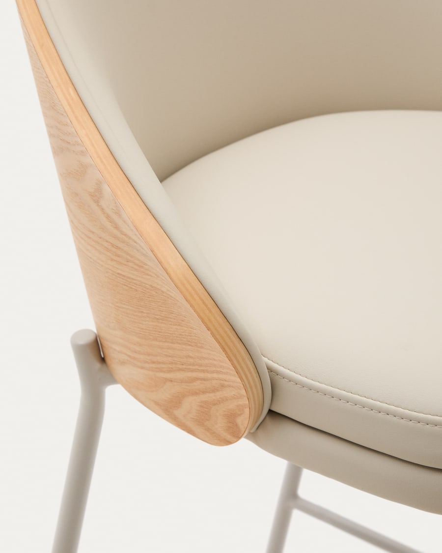 Eamy Hocker aus beigefarbenem Kunstleder, Eschenfurnier naturfarbenes Finish mit Metall 77cm