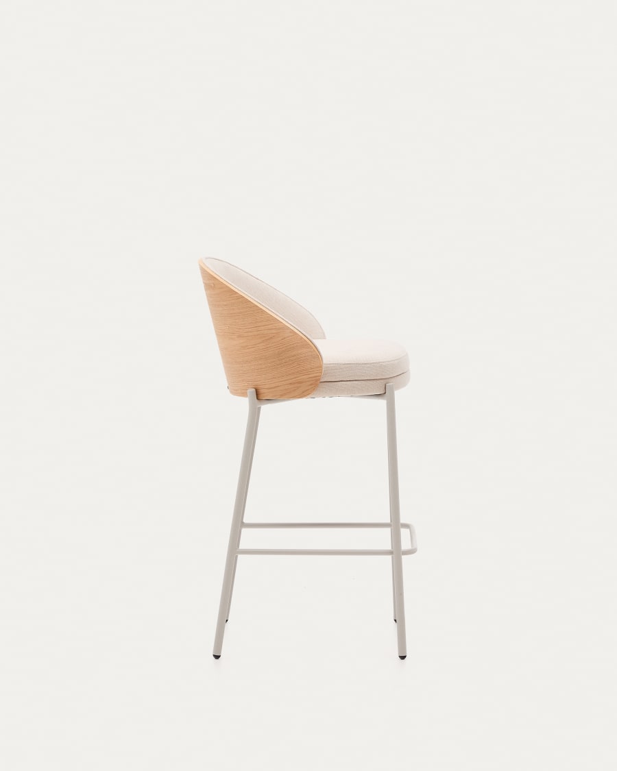 Eamy stool in beige chenille, in a natural finish ash veneer and beige metal and a height of 65 cm