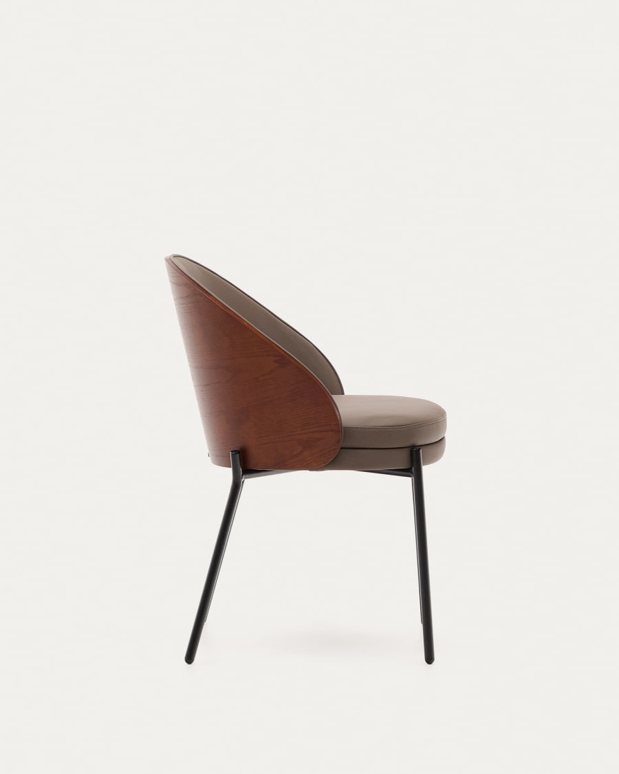 Eamy chair in brown faux leather, ash veneer with walnut and black metal finish