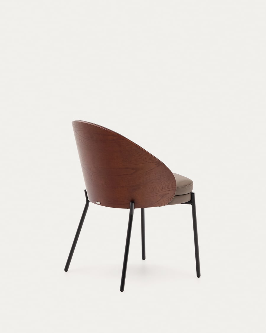 Eamy chair in brown faux leather, ash veneer with walnut and black metal finish