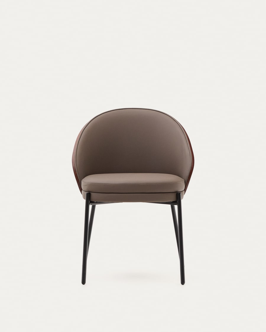 Eamy chair in brown faux leather, ash veneer with walnut and black metal finish