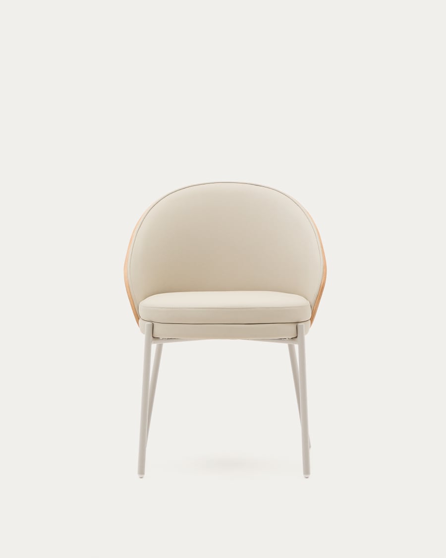 Eamy beige faux leather chair, ash veneer with natural finish and beige metal