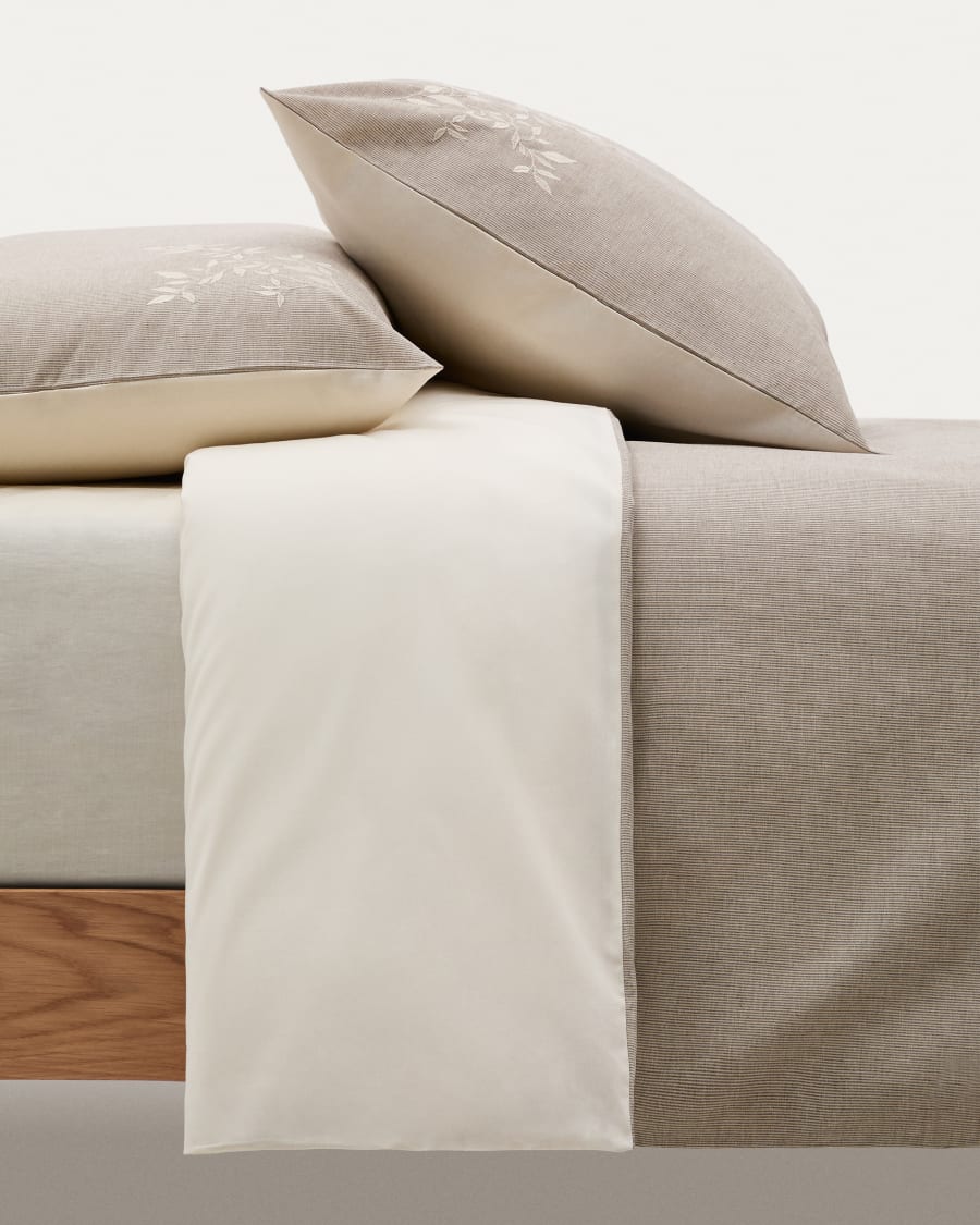 Sotela duvet cover and pillowcase set with embroidered stripes 100% percale cotton, beige, 180cm bed