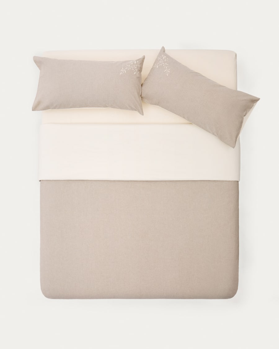 Sotela duvet cover and pillowcase set with embroidered stripes 100% percale cotton, beige, 180cm bed