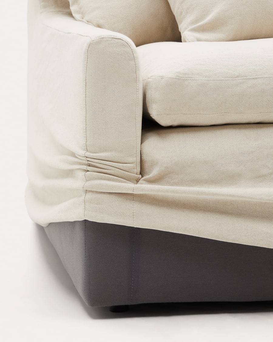 Zenira sofa with removable cover and beige cotton and linen cushions, 230 cm
